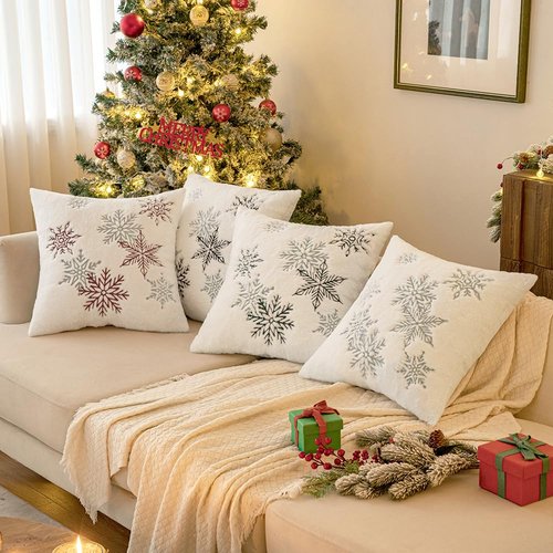 MIULEE Pack of 2 Christmas Decorative Throw Pillow Covers Soft Faux Fur Pillow Cases with Embroidery Snowflake Winter Cute Pillowcases Holiday Decor for Couch Sofa Bedroom, 18×18 Inch, Grey