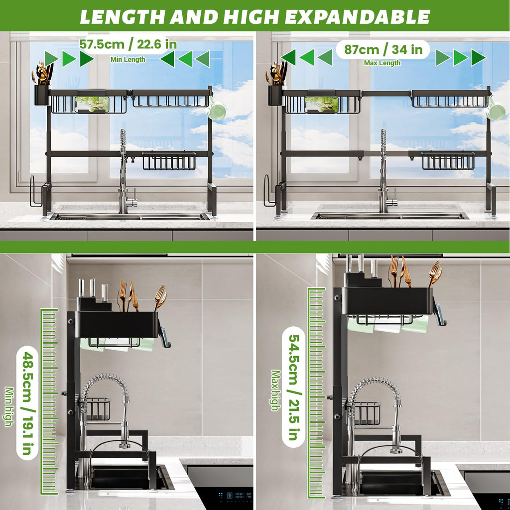 ilvvan Over The Sink Dish Drying Rack (Expandable Height and Length) Snap-On Design 2 Tier Large Dish Rack (23" - 34" L x 11" W x 19" - 21.5" H)