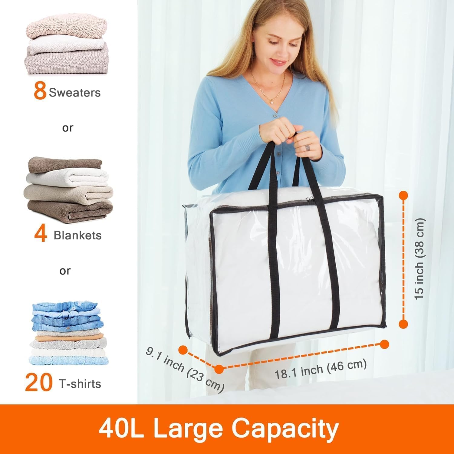 Vieshful Clear Clothes Storage Bags - 40L Zippered Organizer for Blankets, Comforters & Toys
