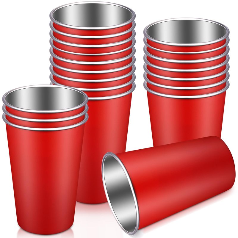 Mimorou 20 Pack Stainless Steel Pint Cups Metal Cups Unbreakable Drinking Water Tumblers Stackable Tumbler for Adults Bar Home Restaurant Travel Picnic Camping Outdoor (Red,16 oz)