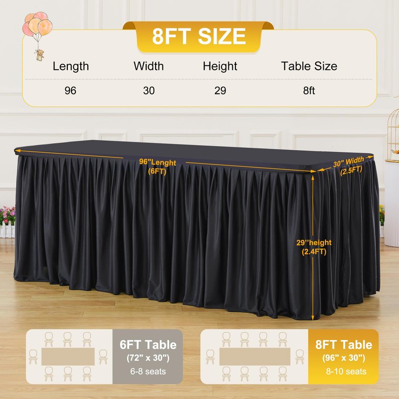 Party Talk 2 Packs Black Tableclothes for 8 Foot Rectangle Tables, Wrinkle Free Fitted Table Cloth 8ft Stretch Table Cover with Skirt for Parties Weddings Birthday Banquet Baby Shower