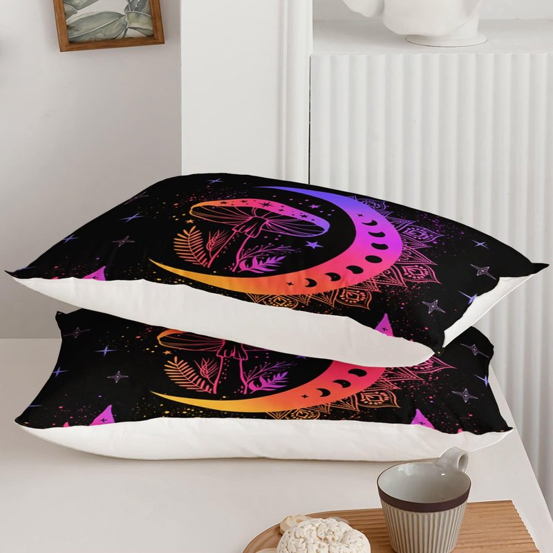 Axolotl Sun and Moon Bedding Set Queen Size,Mushroom Comforter,3Pcs Boho Exotic Bed Set,Bohemian Bedding,Cosmic Planets Astrology Comforter for Adults Women Teens,1 Quilt 2 Pillowcases,Black