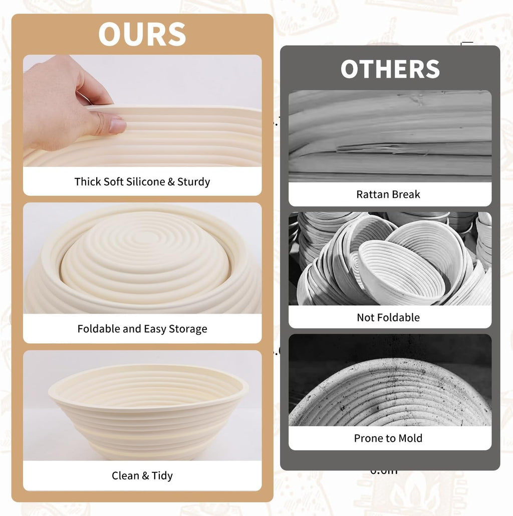 Skiennix Silicone Banneton Bread Proofing Baskets - 10" Oval & 9" Round Non-Stick Dough Bowls | BPA-Free Sourdough Baking Supplies