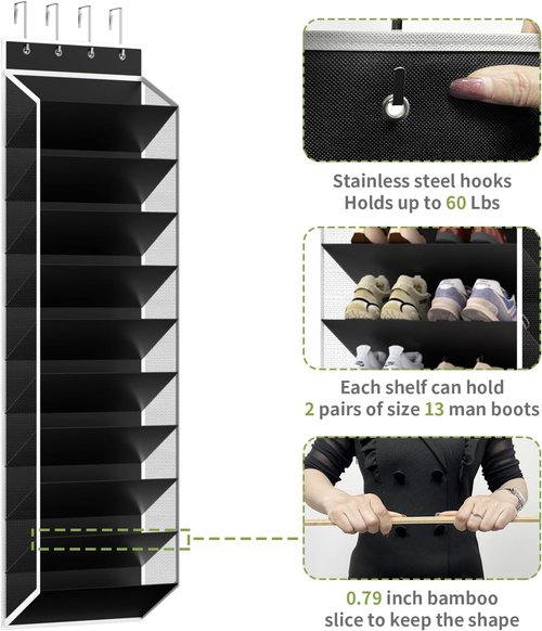 KEEPJOY 10-Tier Over-Door Shoe Organizer - Large Deep Pockets for 20-30 Pairs of Sneakers & Boots | Black