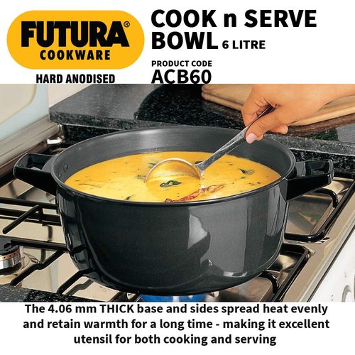 Hawkins Futura 6 Litre Cook n Serve Bowl, Hard Anodised Saucepan with Hard Anodised Lid, Sauce Pan for Cooking and Serving, Black (ACB60) (Aluminium)