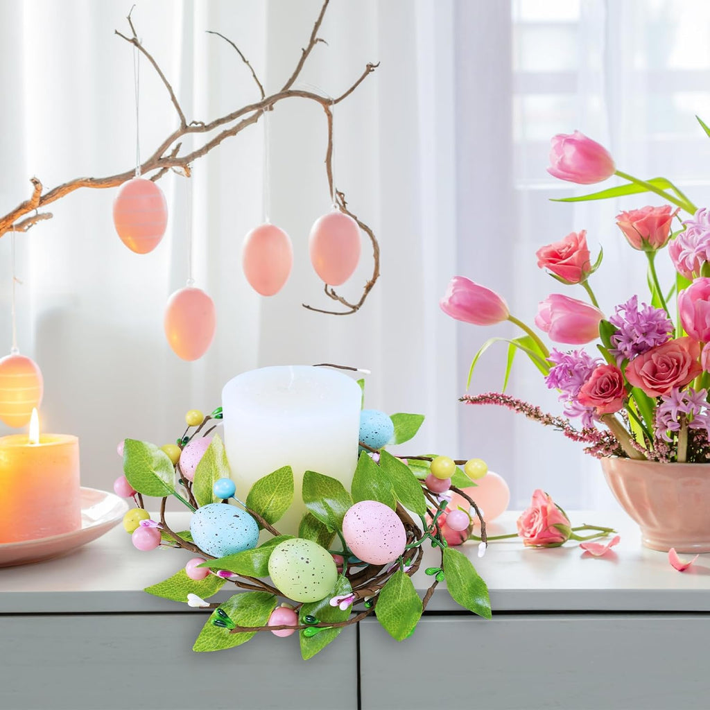 Winlyn Easter Egg Candle Rings - 4 Pcs Spring Wreaths with Pastel Eggs & Berries | 11" Holiday Decor