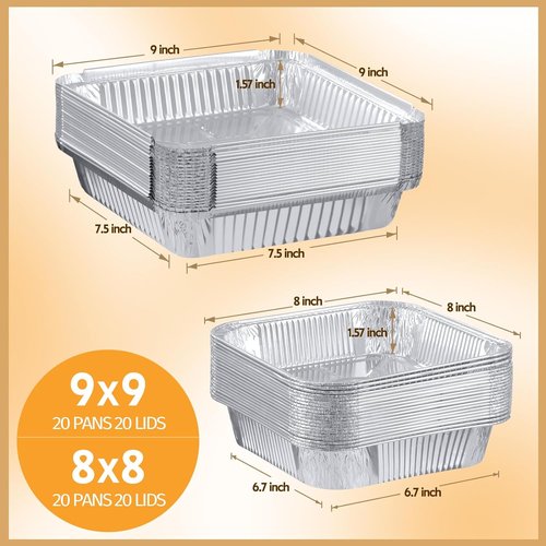 40 Pack Disposable Aluminum Foil Pans with Lids - 9x9 & 8x8 Square for Meal Prep and Cooking