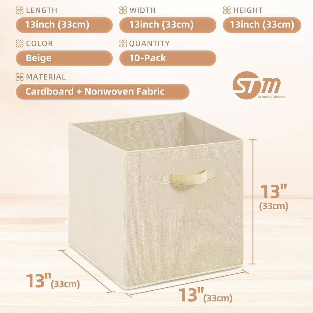 Storage Maniac Storage Cubes - 13-Inch Collapsible Fabric Bins with Handles | 10-Pack Beige for Easy Organization