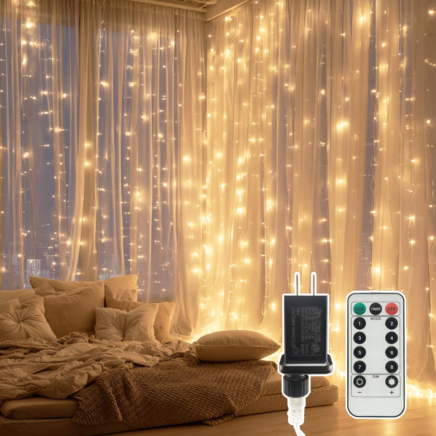Skiennix 300 LED Curtain String Lights - Warm White with Remote & Timer | 9.8x9.8 Ft Waterproof Decor