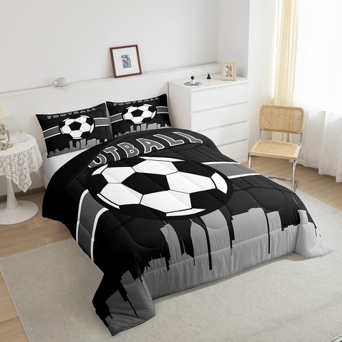Erosebridal Little Boys Bedding Sets Twin Soccer Football Comforter Set for Toddler Kids, Sports Gamer Duvet Insert Video Game Gaming Bedding Comforters & Sets, Black Grey