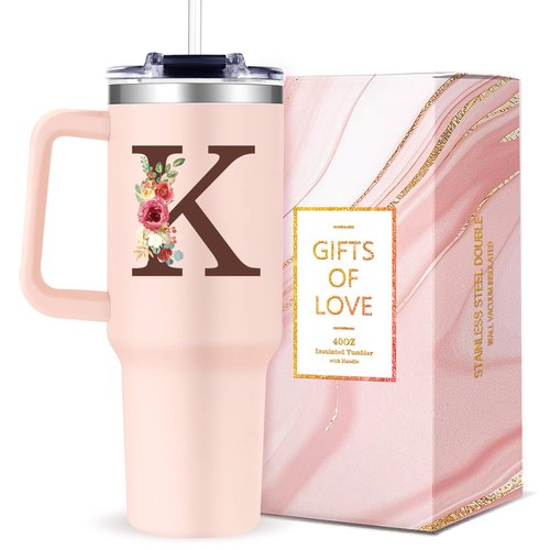 Gooddooes Monogrammed 40oz Tumbler with Handle for Women, Personalized Birthday Gifts for Women,Initial Cups for Woman Floral Letter K,Customized Gifts for Female Lady Gift for Mothers Day Christmas