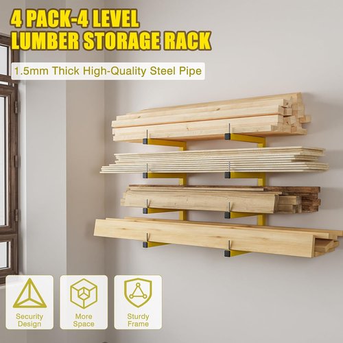 Heavy Duty Lumber Storage Rack by [Brand Name] - 4-Pack Wall-Mounted Organizer | 8-Level System, Holds Up to 1600 Lbs