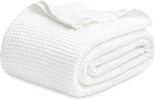 Bedsure Gentlesoft 100% Cotton Blanket - Cooling, Breathable Queen Size Waffle Weave | Soft White 90x90 Inches
