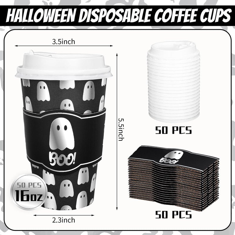 Whaline 50Pcs 16Oz Halloween Disposable Coffee Cups with Lids and Sleeves Spooky Foil Silver Ghost Boo Paper Drinking Cup for Trick or Treat Birthday Party Supplies