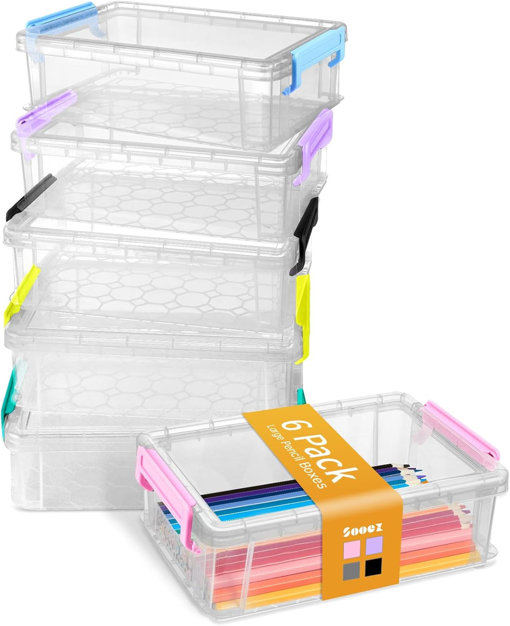 Sooez Extra Large Pencil Box Set - Clear Plastic Organizer for Art & Craft Supplies | 6 Pack