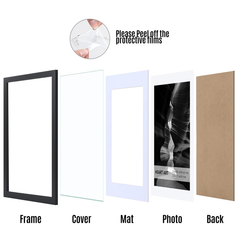 HEART ART 24x36 Poster Frame with Mat, Black Picture Frame, Display Pictures 20x30 with Mat or 24 x 36 Without Mat, Poster Frames 24 x 36 inches for Wall Mounting,2 Pack