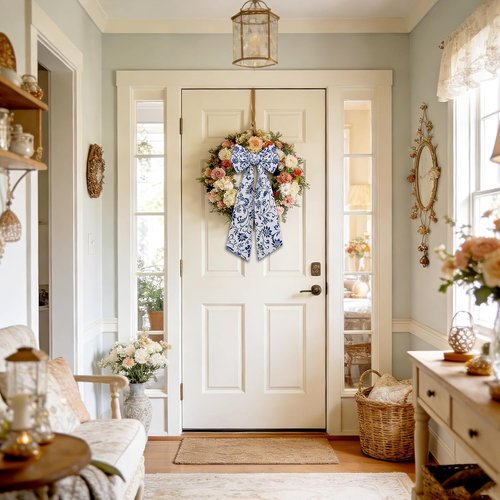 Azym Wreath Sash Set - Elegant Blue Floral Ribbon for Front Door & Indoor Decor | 2 Pcs
