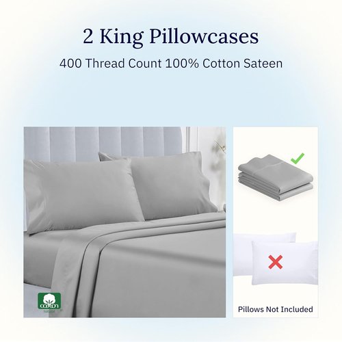 California Design Den King Size Pillowcase Set - 400 Thread Count, 100% Cotton Sateen, Soft & Breathable | Light Grey