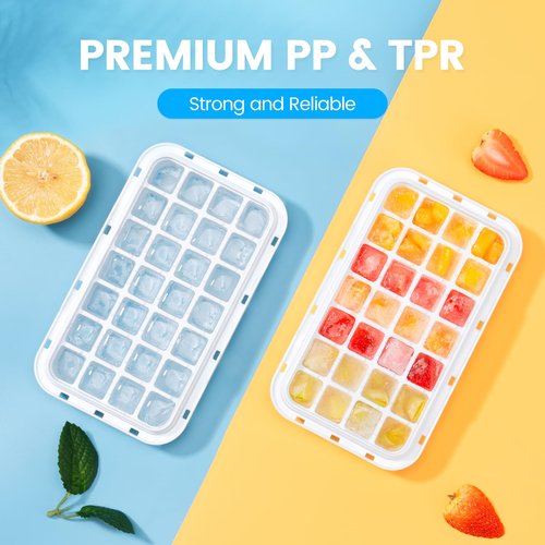 Ice Cube Tray with Lid and Bin, PHINOX 56 pcs Ice Trays for Freezer, Ice Cube Trays for Freezer with 2 trays, Container, Lid & Ice Scoop, BPA Free(28 Cubes/Tier)