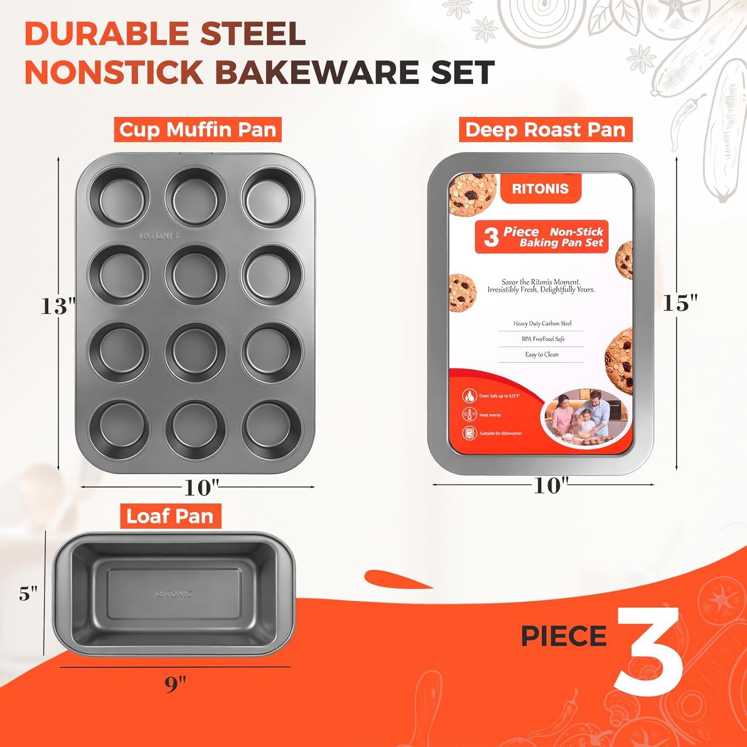 Skiennix 3-Piece Non-Stick Baking Pans Set | Stackable Bakeware with Cookie Sheet, Muffin Pan & Loaf Pan - Black