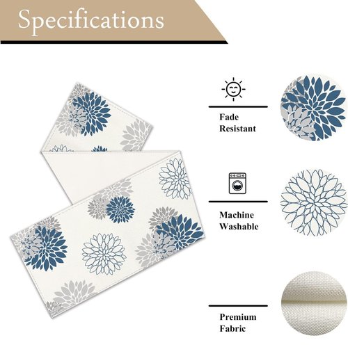 WHOMEAF Blue Gray Table Runner Dahlia Pinnata Flower Beige Table Runners Modern Elegant Pompon Farmhouse Geometric Table Center Decor for Home Dining Party Entrance (13x72 Inch)