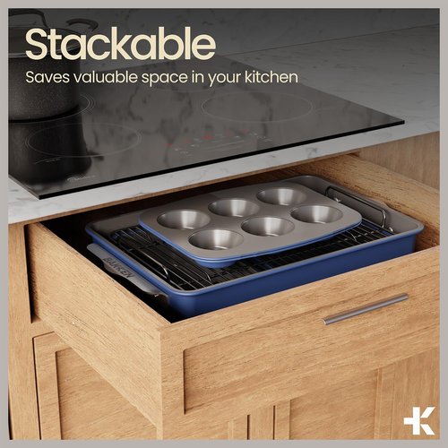 Bakken 8-Piece Nonstick Bakeware Set - Ceramic Coated, Oven Safe to 500°F, Blue | Includes Muffin, Loaf, Cake Pans & Cooling Rack