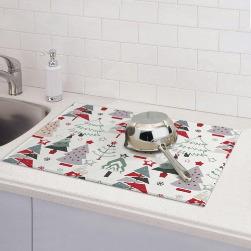 Beautiful Christmas Tree Dish Drying Mat 18x24 For Kitchen Counter Absorbent Microfiber Dishes Pad Dish Drainer Rack Mats Fast Dry Kitchen Accessories