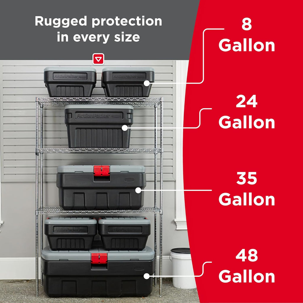 Rubbermaid ActionPacker 35 Gallon Storage Bin - Lockable, Durable Plastic with Wheels | Gray & Black