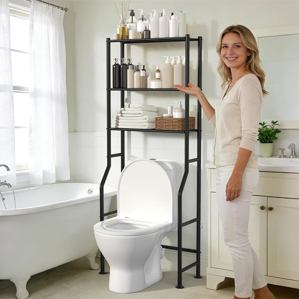 Skiennix 3-Tier Over The Toilet Storage | Freestanding Metal Bathroom Shelves - Space Saver (Black)
