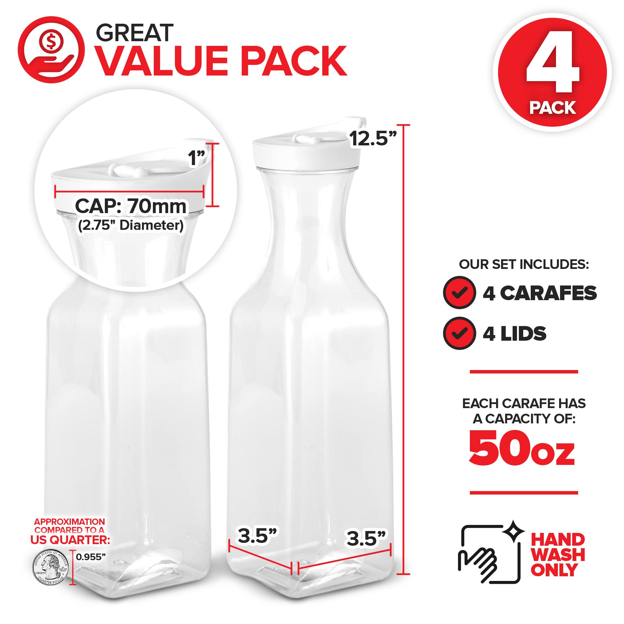 Stock Your Home 50 oz Square Carafes Plastic Juice Carafe with Lids (Set of 4) 50 oz Carafes for Mimosa Bar, Drink Pitcher with Lid, Water Bottle, Milk Container, Clear Beverage Containers for Fridge