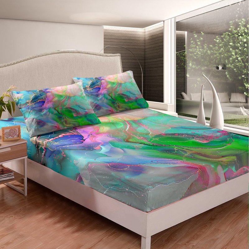 Erosebridal Teal Pink Green Bed Sheets Set Modern Marble King Sheet Set, Gold Metallic Sheets Chic Foil Print Bed Set, Abstract Mountain Fluid Flat Sheet Kids Home Decor