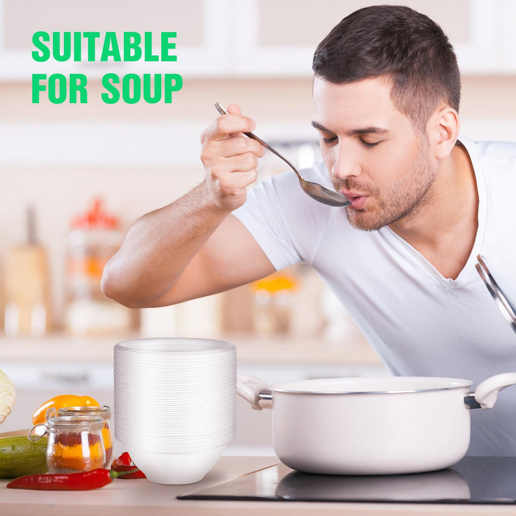 JOUTYFOR 300 Pack Disposable Paper Bowls, White, 8 oz, Modern Style, Minimalist, Round, 4.5 Inch Width x 1.77 Inch Height, 220 ml Capacity, Lightweight, Ideal for Picnics, Camping, Parties, and Pets