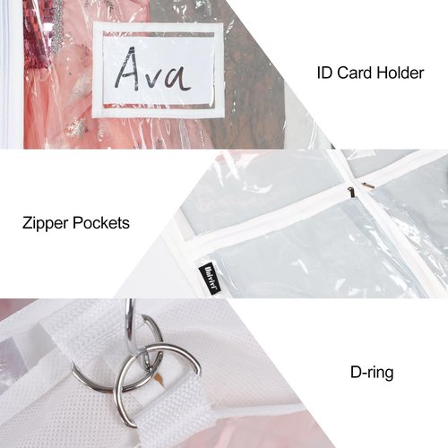 Univivi Clear PVC Dance Costume Garment Bag 40 Inch Hanging Garment Bag for Dance for Kids, with 4 Medium Clear Zipper Pockets and 1 Large Back Zippered Pocket (8 Pack)