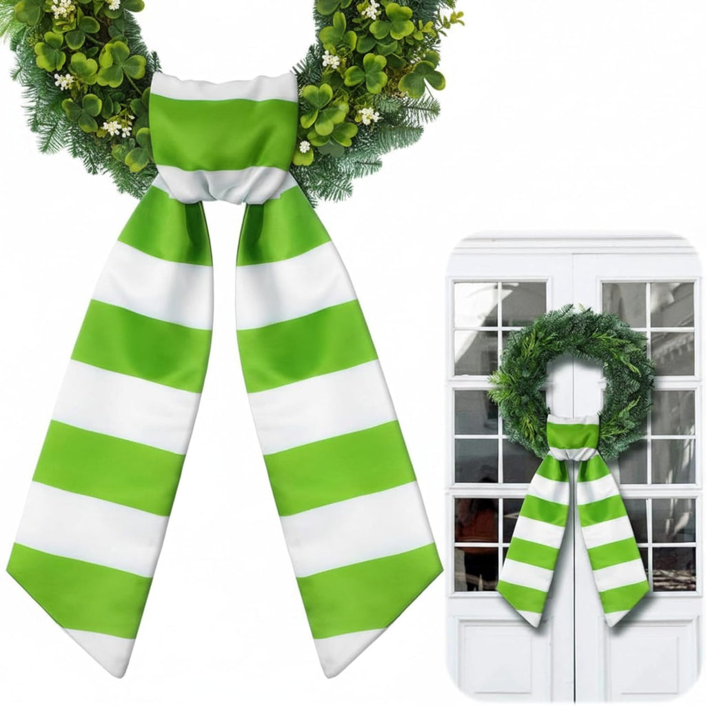 Skiennix Wreath Sash - Satin Blank Sash for Embroidery | Indoor/Outdoor Home Decor (Green & White Stripes)