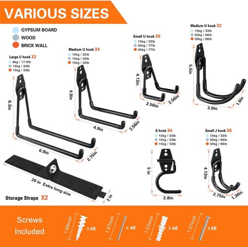 HUPBIPY Heavy Duty Garage Hooks - 26 Pack Utility Steel Wall Mount Storage Organizer for Tools, Ladders & Bikes