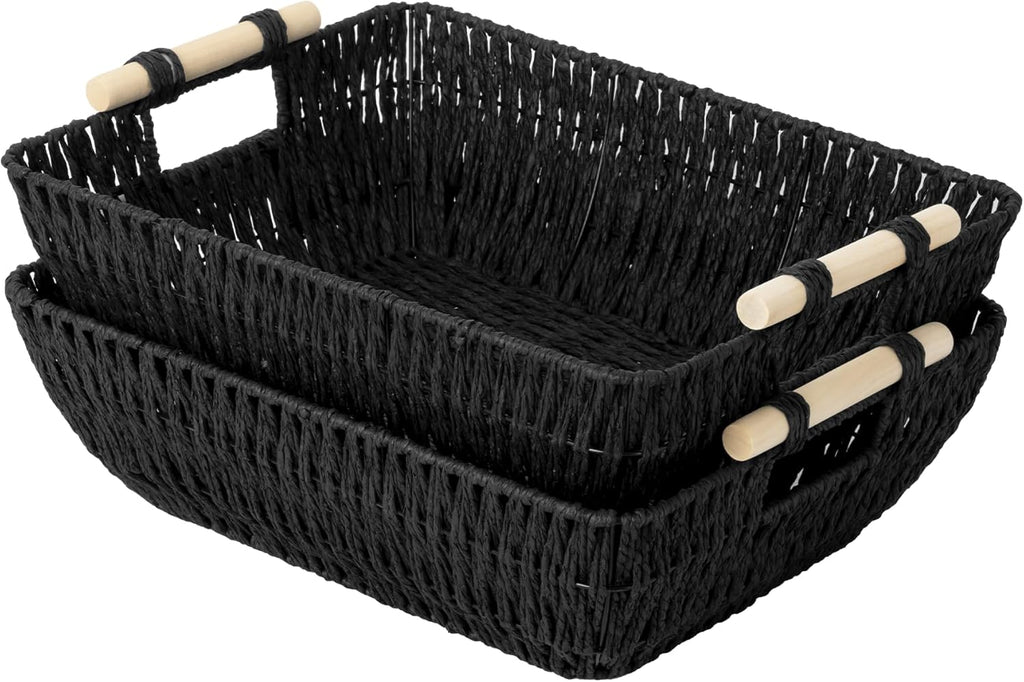 StorageWorks Large Wicker Storage Baskets - Organize with Style | Black, 2-Pack with Wooden Handles