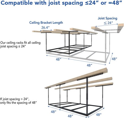 FLEXIMOUNTS 4x8 Overhead Garage Storage Rack - Heavy Duty Metal Ceiling Organizer, 600lbs Capacity, Black