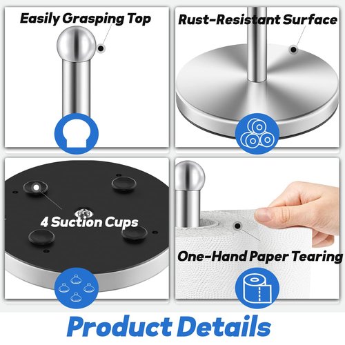 DAWNER Paper Towel Holder for Countertop, Easy One-Handed Tear, Stainless Steel, Weighted Base with Suction Cups, Non-Slip Paper Towel Stand for Kitchen, Bathroom, Brushed Nickel