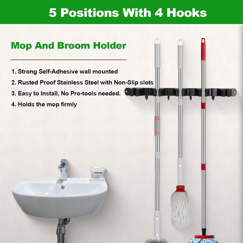 Voze Mop and Broom Holder - 5 Racks & 4 Hooks, Heavy-Duty Wall Mount Organizer - Black