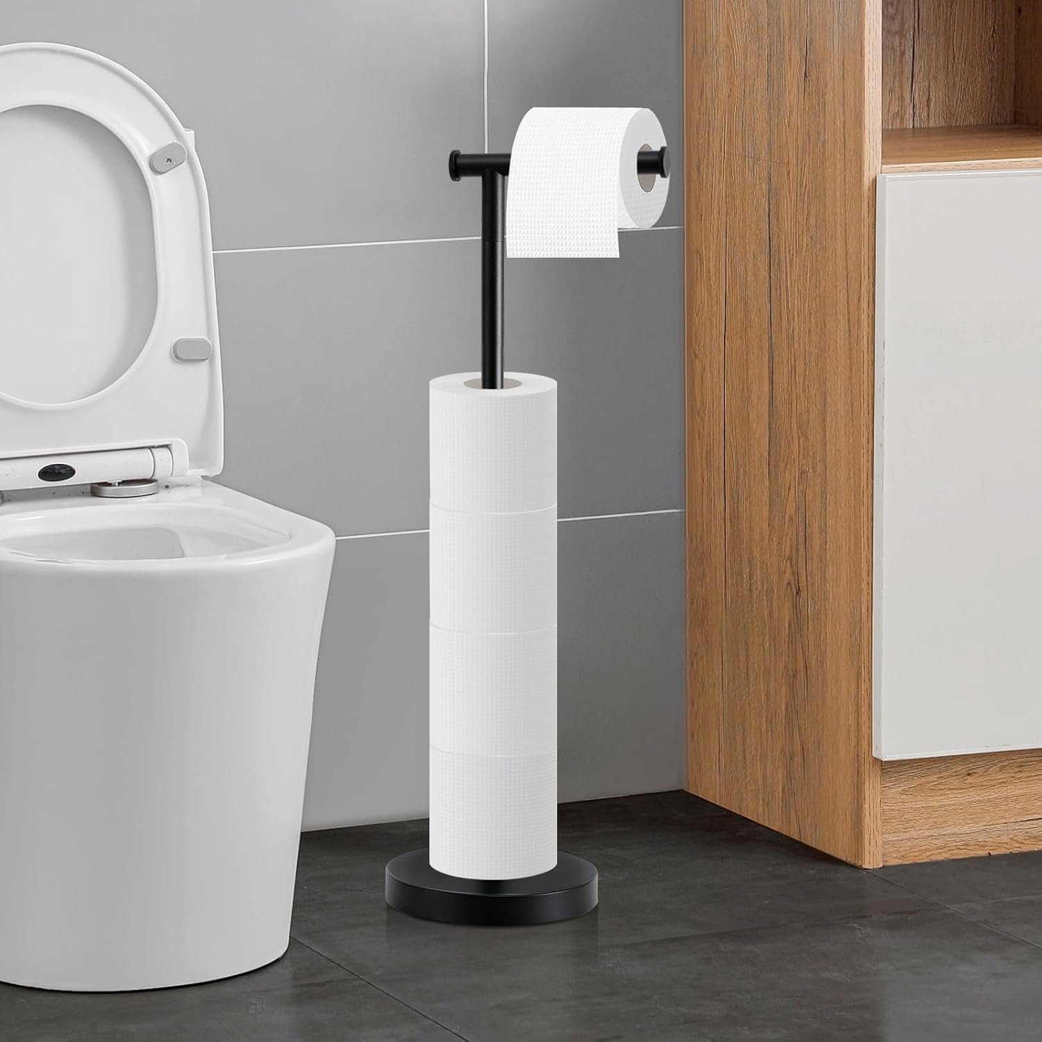 Skiennix Toilet Paper Holder Stand - Rustproof Free-Standing Design with Stable Weighted Base | Black Finish
