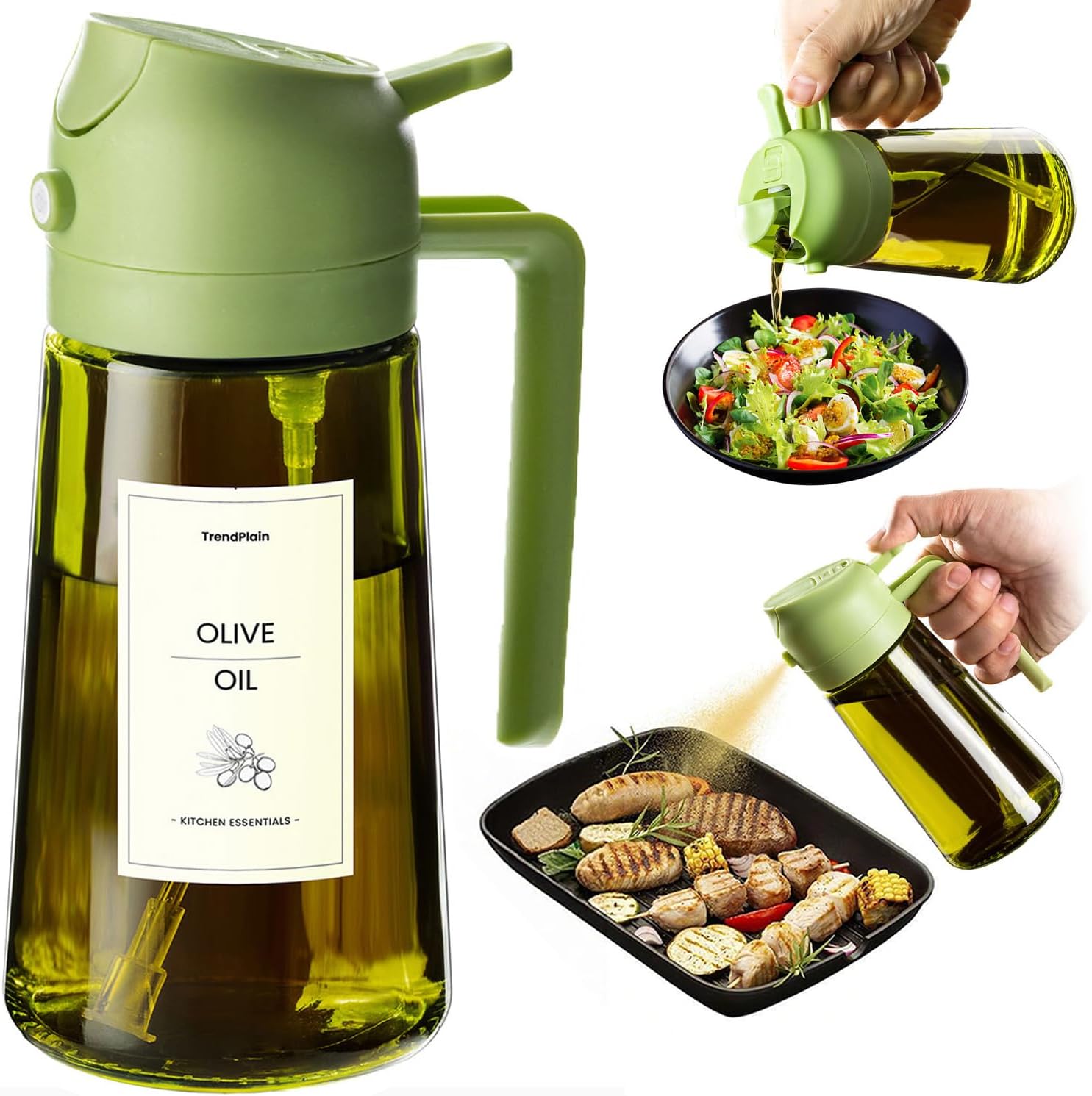 TrendPlain - Olive Oil Dispenser Bottle | 16oz Kitchen Gadget & Air Fryer Accessory - Green