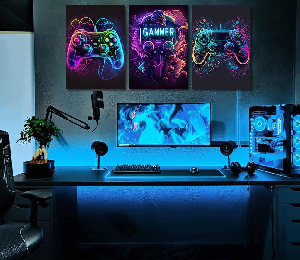 Riveda Gaming Wall Art - Colorful Neon Gamepad Canvas Prints for Boys' Room | Unframed 16"x24" (3pcs)