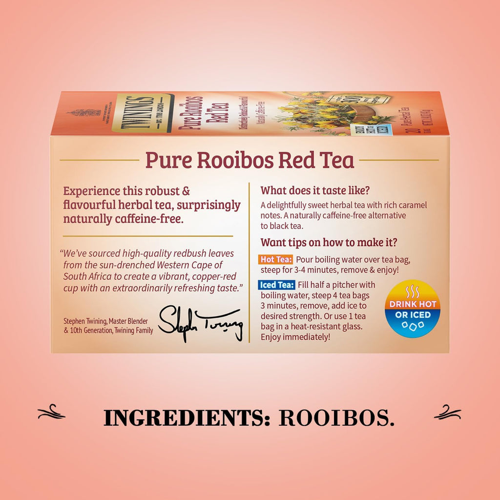 Twinings Pure Rooibos Red Tea - Naturally Sweet & Tangy Caffeine-Free Herbal Tea Bags, 20 Count (Pack of 2)