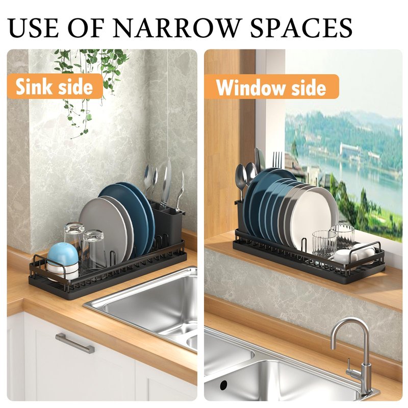CHLORYARD Small Dish Drying Rack, Compact Sink Dish Drainer Plate Organizer with Utensil Holder and 2pcs Silicone Drying Mats for Kitchen Counter, RVs, Apartments