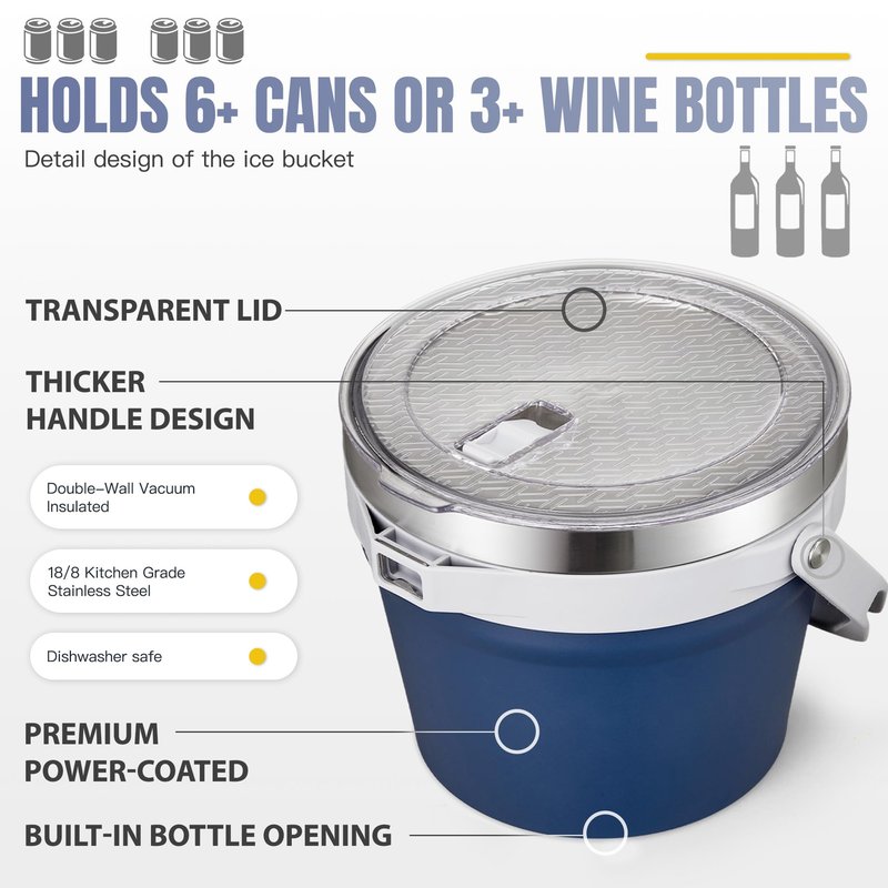 COKTIK 7L Vacuum Insulated Ice Bucket with Lid and Scoop& Tongs，Large capacity Stainless Steel Beverage Bucket for Cocktail, Champagne, Wine, Beer，Large Parties（Dark Blue Suit）