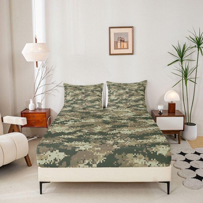 Green Camouflage Bed Sheet Set Queen Size,Geometric Abstract Army Camo Bedding Set for Kids Men Boys Adult Room Decor,Army Soldier Lovers Fitted Sheet Modern Top Flat Sheet with 2 Pillowcases