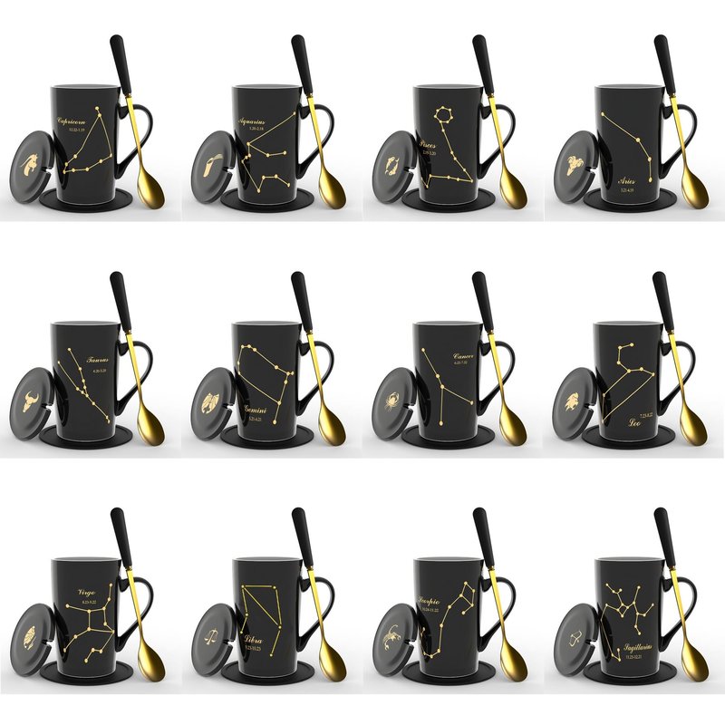 FULLCCI Virgo Birthday Gifts for Women 15oz Ceramic Coffee Mug with Lid Spoon Coaster Astrology Mugs Upgrade Porcelain Tea Cup Virgo Gifts (Black-Gold)