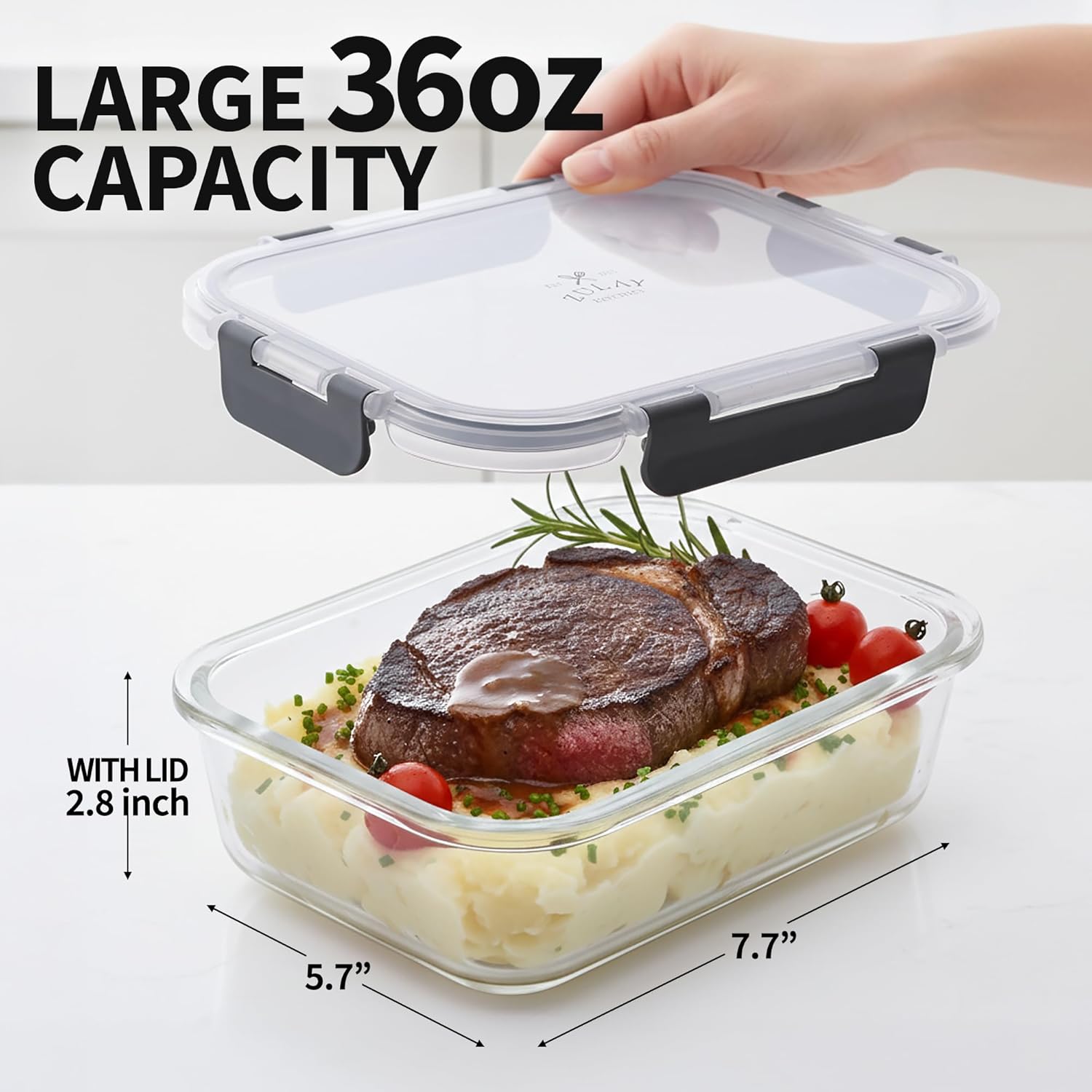 Zulay Kitchen 36oz Glass Tupperware Container Set - 5 Piece BPA-Free Borosilicate Food Storage | Leak-Proof & Oven Safe - Gray