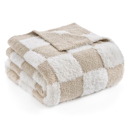 Snuggle Sac Checkered Throw Blanket Faux Fur Microfiber Blankets for Couch,Cozy Soft Warm Blanket for Sofa Bedroom Living Room,Beige Checker,60x80 inches