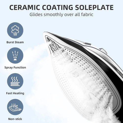 IRONDAY 1700W Steam Iron - Fast Heat-Up in 20 Seconds, Non-Stick Ceramic Soleplate, 14.07oz Water Tank | Auto-Off & Self-Cleaning